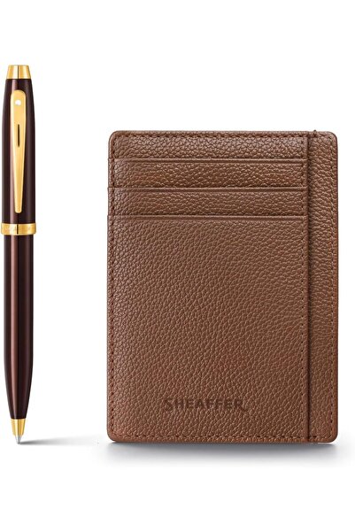 Sheaffer طقم هدايا أقلام حبر جاف لامعة باللون البني 100 9370 مع حامل ريفي بلو...