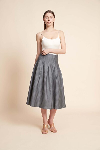 Yola Midi Striped Pencil Skirt with Pleated Detail
