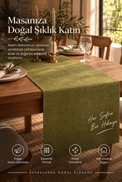 GLOMAR Khaki Green Runner Bohemian Tablecloth 100% Linen Decorative Wedding P...