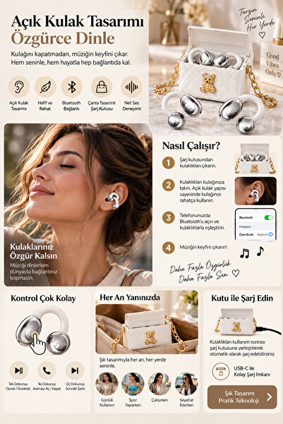 CROW'S TECH OWS Açık Kulak Klipsli Bluetooth Kulaklık BT 6.0 Çanta Tasarımlı Şarj Kutulu Kablosuz Kulaklık