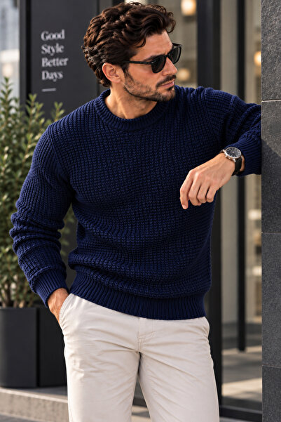EMR Online Men's Ecru Knitwear Sweater Crew Neck Knitted Patterned Long Sleev...