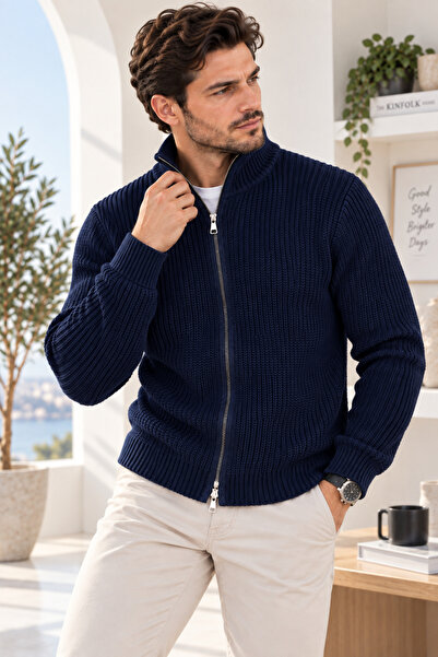 EMR Online Men's Knitwear Cardigan Full Zipper Stand Collar Knitted Patterned...