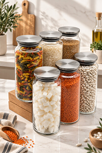 Mutfak Köşesi Prestige 6-Piece 1300 ml Metal Vacuum Lid Glass Jar Set – Leak-...
