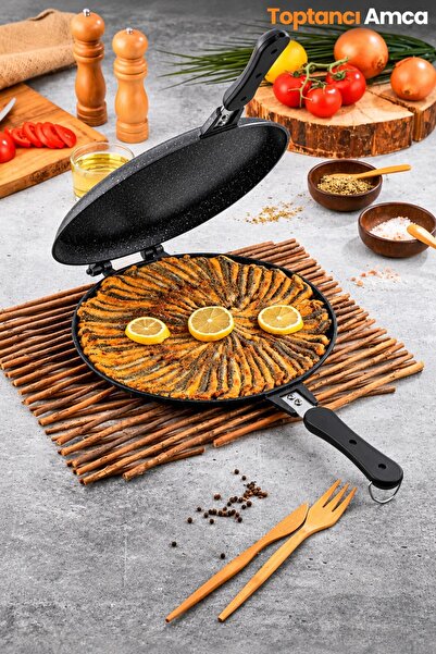Toptancı Amca Double-Sided Cast Granite Fish Pan, Dumpling and Anchovy Pan 30cm