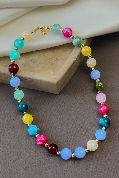 Dore Collection Handmade Multi-Colored Beaded Gold Detailed Necklace