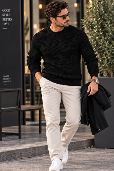 EMR Online Men's Ecru Knitwear Sweater Crew Neck Knitted Patterned Long Sleev...