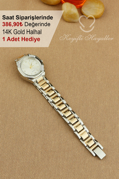 Keyifli Hayaller Silver Rose Bej Kadran Klasik Model Kadın Kol Saati - 14K Gold Halhal Hediyeli