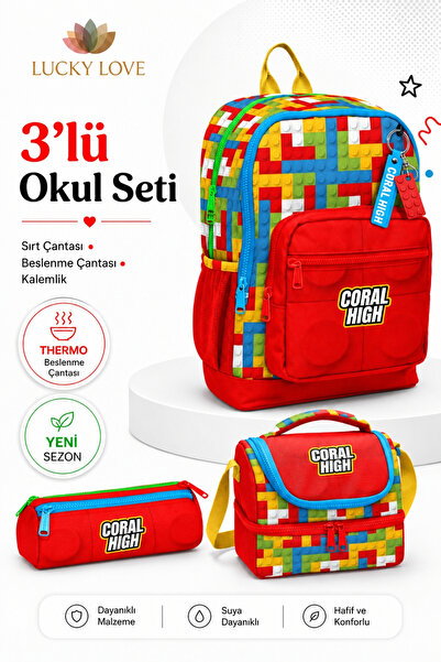 Lucky Love Çocuk Blok Desenli Dört Bölmeli Okul İlk Okul Anaokulu Sırt Çantas...