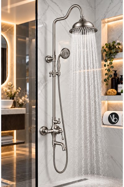 vb vitrinbanyo Royal Mix Borulu Duş Seti İnox Saten Pirinç Gövdeli Banyo Bata...