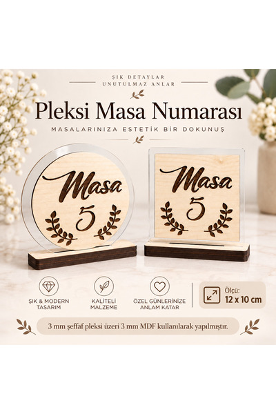 Dekoratif Yuvarlak veya Kare Şeffaf Pleksi Üzeri Ahşap Modern Tasarım Masa numarası 10 Adet (1-10'a Kadar)