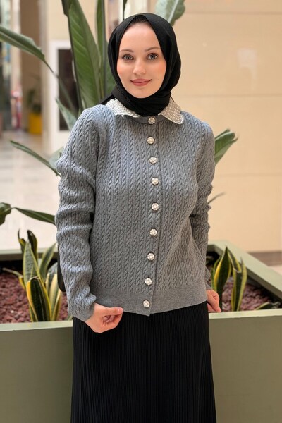 Ghisa Knitwear Cardigan with Pearl Embellished Collar and Pearl Buttons