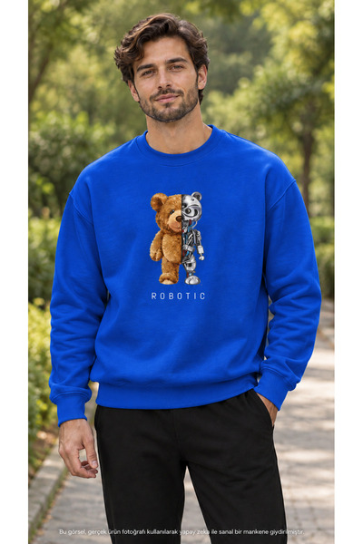 caddekombin Men's Semi-Plush Semi-Robot Bear Printed Crew Neck Casual Regular...