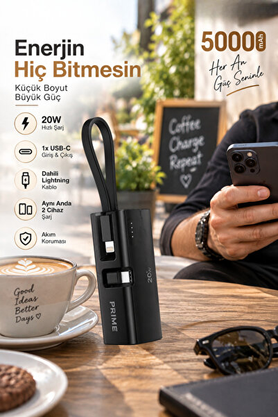 CROW'S TECH 5000 mAh Powerbank 20W PD Hızlı Şarj Dahili Lightning Kablolu USB-C Taşınabilir Şarj Cihazı
