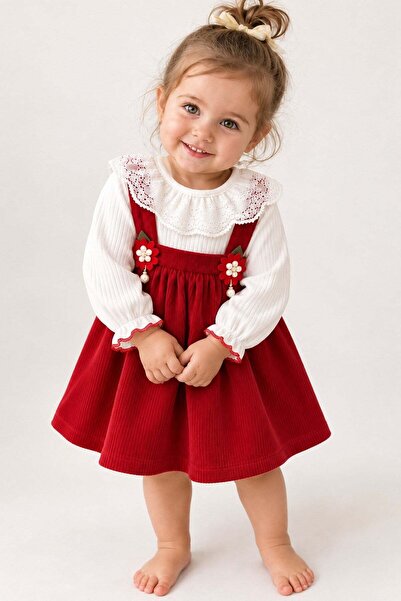 dinamik çocuk Kız Bebek Vintage Bebe Yakalı, Fitilli Çiçek Aksesuarlı Elbise ...
