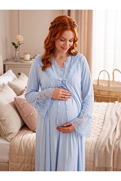 Lohusa Homewear New Season Blue Lace Detailed Buttoned Design with Breastfeed...