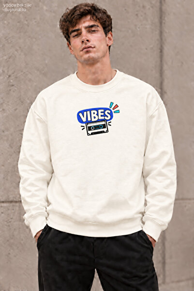 caddekombin Men's Blue Vibes Written and Retro Cassette Printed Crew Neck Cas...