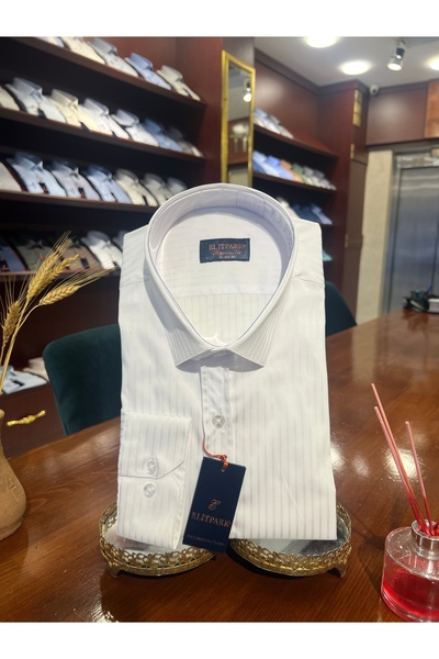 Elit Park Erkek Saten Gömlek %65 Pamuk %35 Polyester Kendinden Çizgili Şık Uzun Kollu Gömlek
