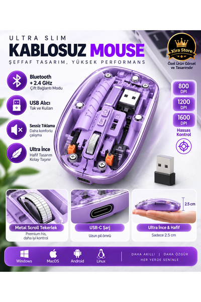 XİRA Şeffaf Manyetik Kapaklı Bluetooth 2.4 GHz Kablosuz Şarjlı Sessiz Mouse USB-C 800-1600 DPI
