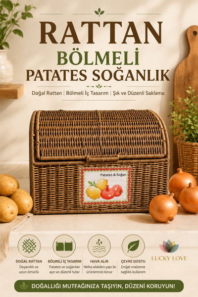 Lucky Love Rattan Akasya Bölmeli Patates Soğanlık Kapaklı Mutfak Saklama Sepe...