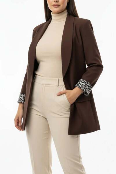 Büyük Beden İçi Leoparlı Blazer Ceket Kahverengi