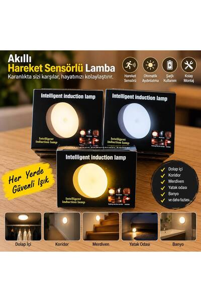 Akıllı Hareket Sensörlü Şarjlı LED Lamba – Kablosuz Otomatik Gece Lambası, Merdiven, Koridor ve Dolap İçin