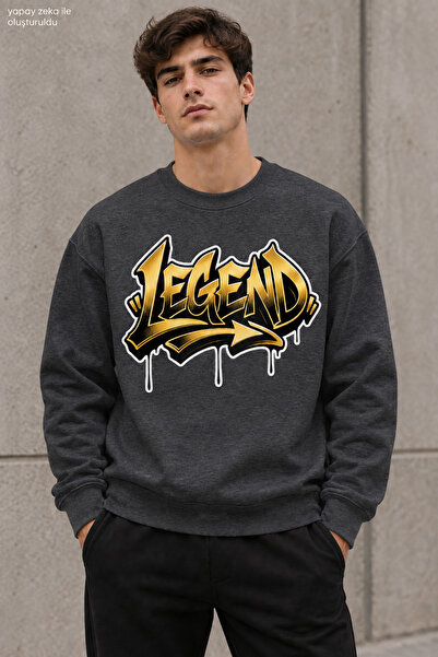 caddekombin Men's Yellow Black Graffiti Lettering Legend Printed Crew Neck Ca...