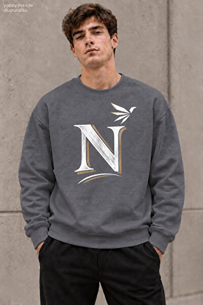 caddekombin Men's Black Golden Yellow N Letter Typography Printed Crew Neck C...