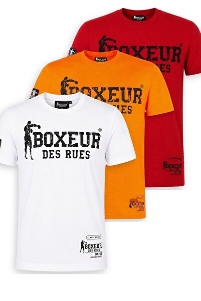 Boxeur Des Rues Tricouri bărbătești, pachet de 3, croială slim: Alb/Negru + Portocaliu/Negru + Roșu/Negru