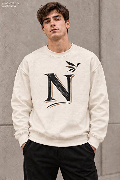 caddekombin Men's Black Golden Yellow N Letter Typography Printed Crew Neck C...