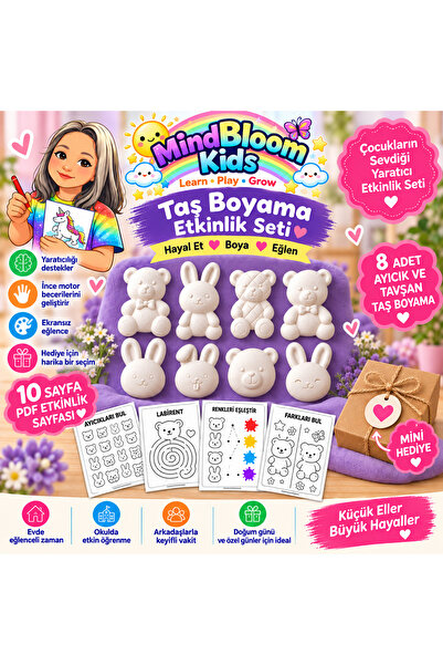 Sevimli Tavşan ve Ayıcık Taş Boyama Etkinlik Kutusu - 10 Sayfa PDF Etkinlik Sayfası - Mini Hediye