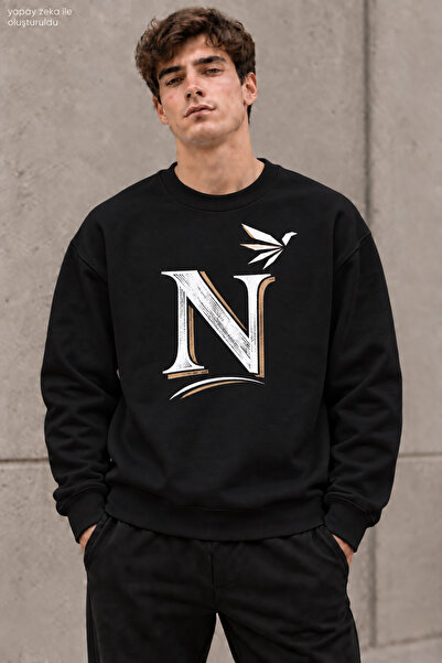 caddekombin Men's Black Golden Yellow N Letter Typography Printed Crew Neck C...