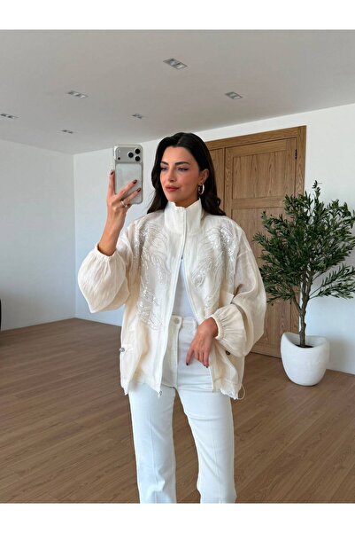 MODALİÇE Nakışlı Dik Yakalı Sırt Dantel Detaylı Mont - 9773