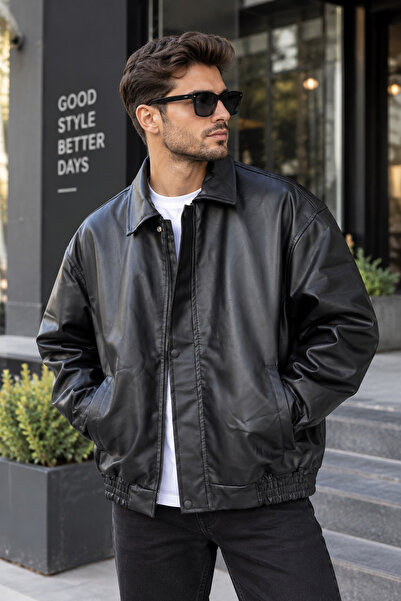 Erkek Oversize Bamber Siyah Deri Ceket