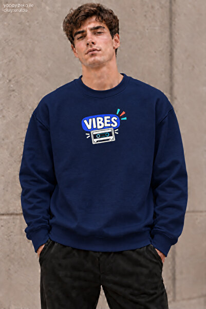 caddekombin Men's Blue Vibes Written and Retro Cassette Printed Crew Neck Cas...