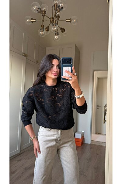 Bade Butik Siyah Bisiklet Yaka Dantelli Sweat