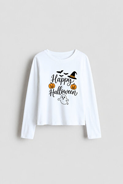 cesita Halloween Halloween Ghost Imprimat Alb cu gâtul rotund, cu mânecă lung...
