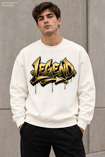 caddekombin Men's Yellow Black Graffiti Lettering Legend Printed Crew Neck Ca...
