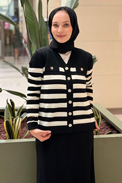 Ghisa Horizontal Striped Front Snap Button Knitwear Mercerized Cardigan