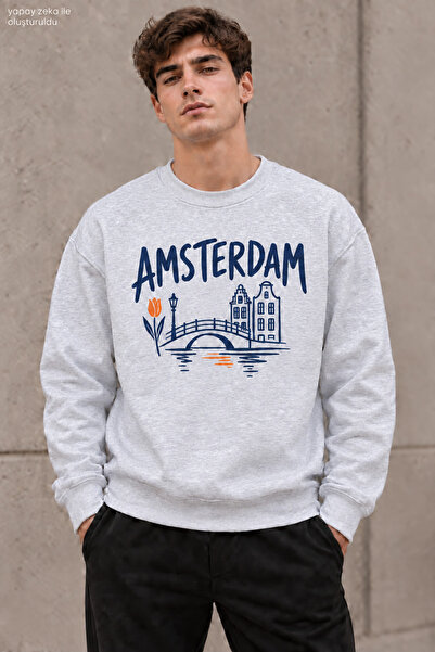caddekombin Men's Amsterdam Lettering and Bridge Print Crew Neck Casual Regul...