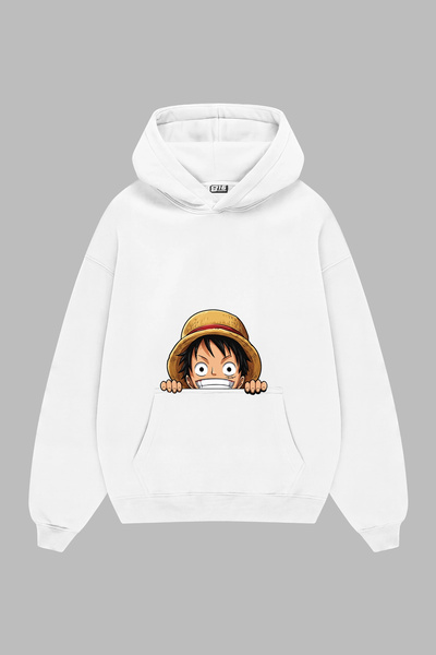 Sekizbiraltı Peekaboo Luffy Printed White Oversize Unisex Hoodie