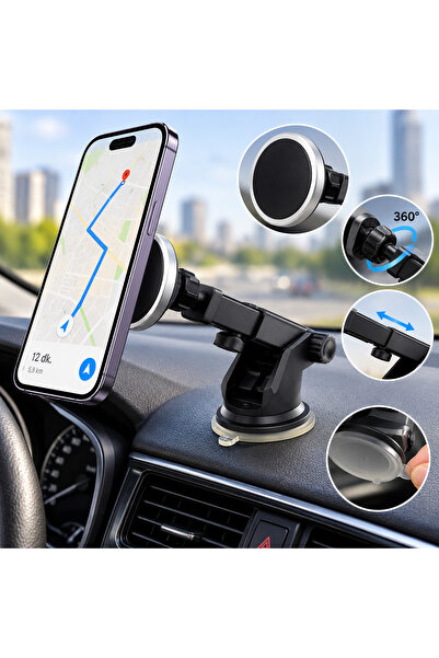 FABRON Araç İçi Telefon Tutucu Mıknatıslı 360° Dönebilen Güçlü Vantuzlu Uzatı...