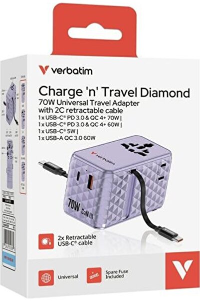 Verbatim Adaptor GaN, 70W, 2 cabluri retractabile, violet, USB-C PD 3.0 QC4+ ...