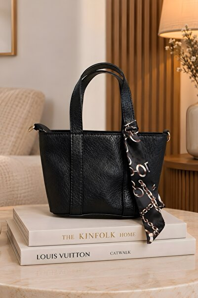 İmajButik Black Scarf Zippered Hand and Shoulder Bag