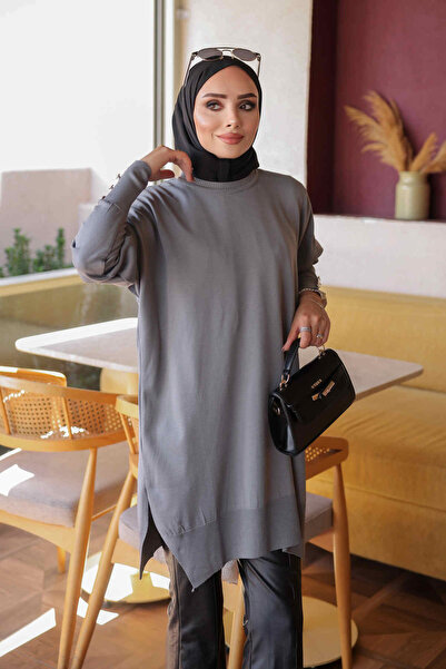 İmajButik Gray Cold Yarn Knitwear Tunic with Cufflinks