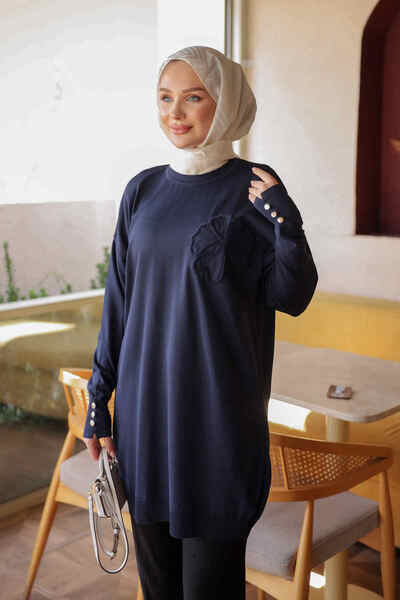 İmajButik Navy Blue Floral Embroidered Cold Yarn Knitwear Tunic