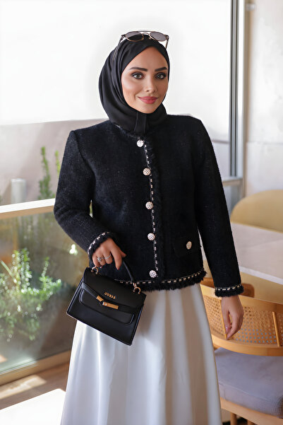 İmajButik Black Angora Knitwear Cardigan with Tassel Detail