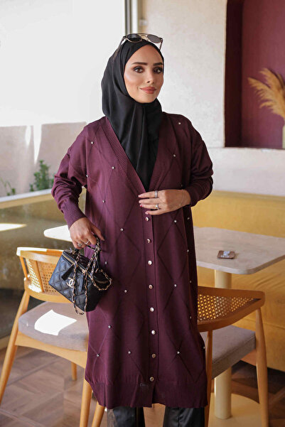 İmajButik كارديجان تريكو منسوج بخيوط باردة مزين بحجر البرقوق