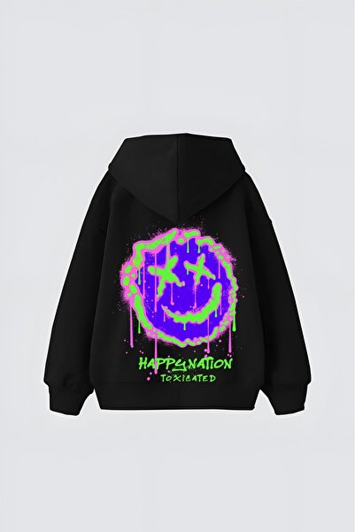 LADY HAZAL Black Unisex Cyberpunk Printed Hooded Oversize Patterned Fabric Sp...