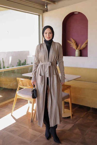 İmajButik Mink Pocketed Long Mercerized Knitwear Cardigan