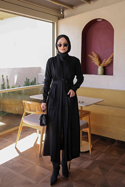 İmajButik Black Pocketed Long Mercerized Knitwear Cardigan